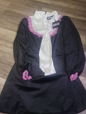 Black Velour Dress with White Bow and Lavender Trim